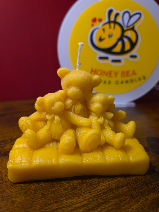 Handmade Pure Beeswax Teddy Bear Family Candle – Natural Scented, Perfect Gift
